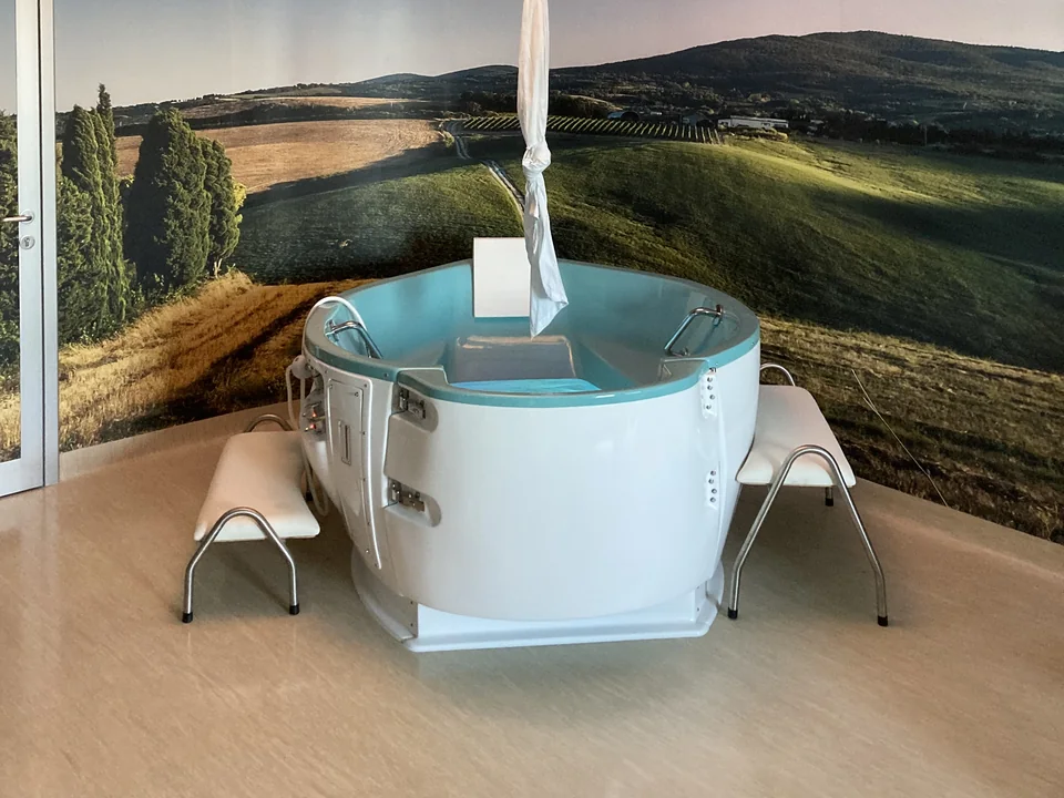 Bensberg-Gebärwanne in einem gestalteten Kreißsaal mit Landschaftsmotiv